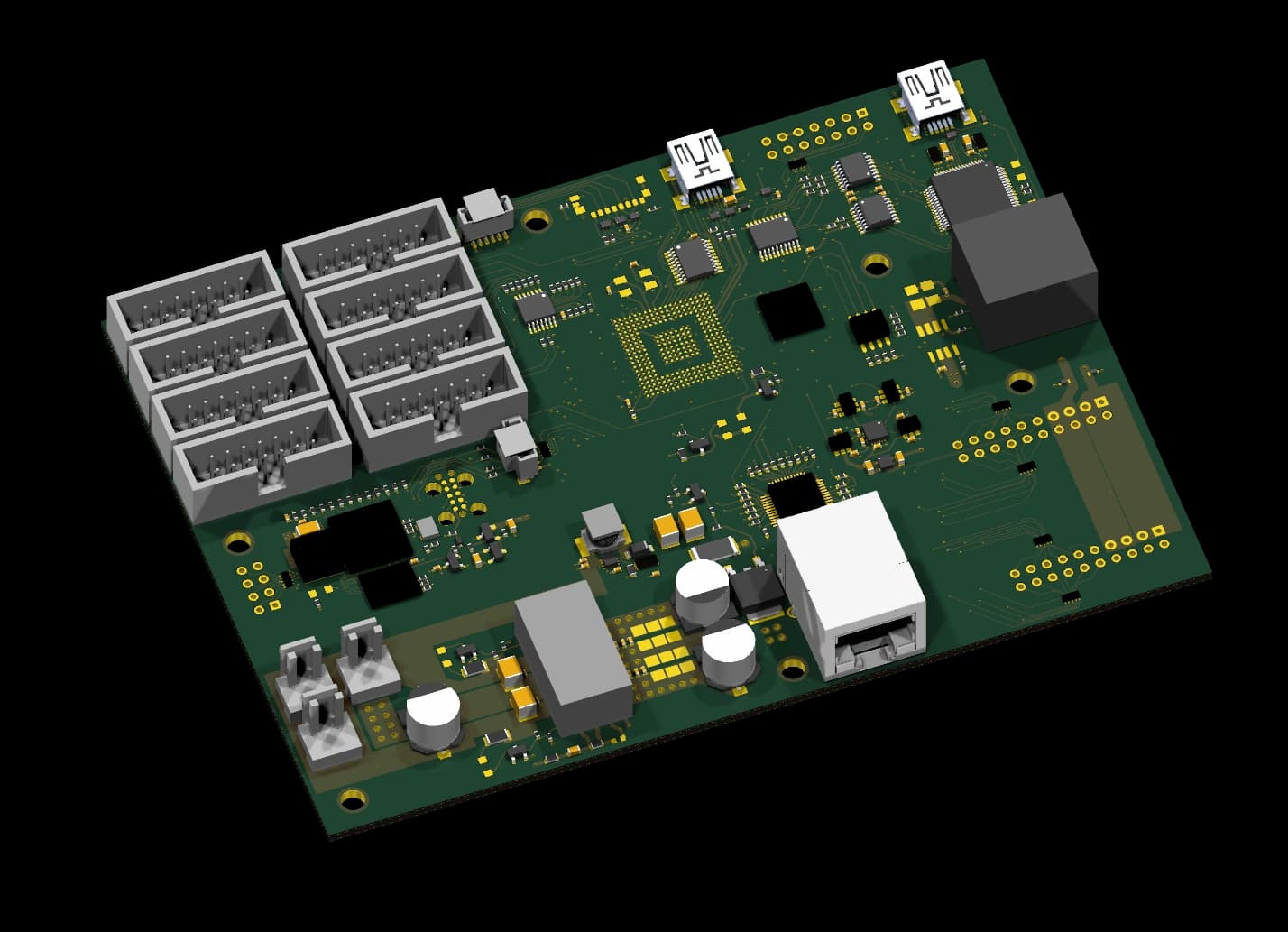 An oblique 3D rendering of the board with its assigned connectors and component models
